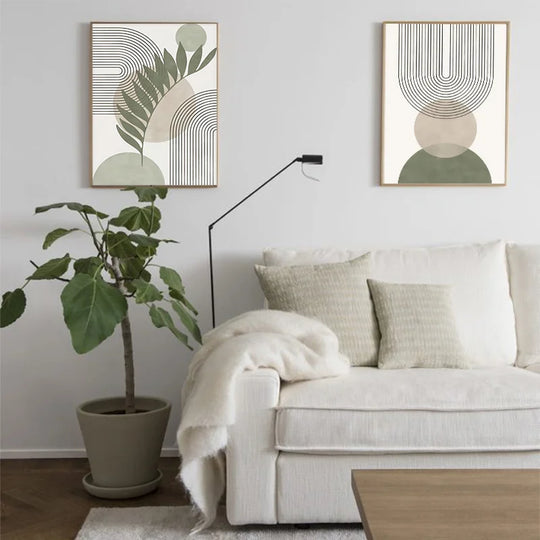 Minimalist Green Beige Abstract Botanical Canvas Wall Art