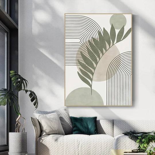 Minimalist Green Beige Abstract Botanical Canvas Wall Art