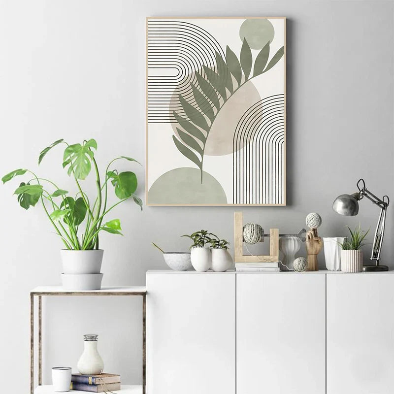 Minimalist Green Beige Abstract Botanical Canvas Wall Art