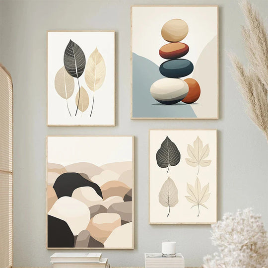 Minimalist Zen Pebbles and Leaves Neutral Canvas Wall Art