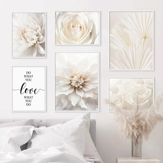 Minimalist White Floral Dahlia Rose Canvas Wall Art
