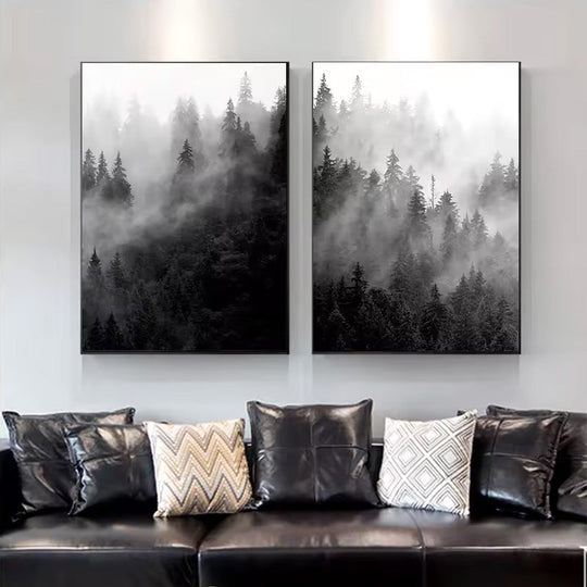 Misty Forest Black White Landscape Wall Art Canvas Print