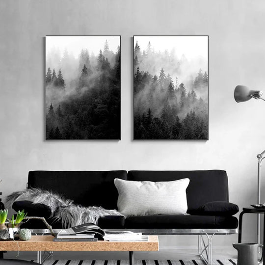 Misty Forest Black White Landscape Wall Art Canvas Print