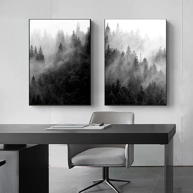 Misty Forest Black White Landscape Wall Art Canvas Print