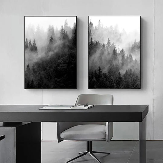 Misty Forest Black White Landscape Wall Art Canvas Print