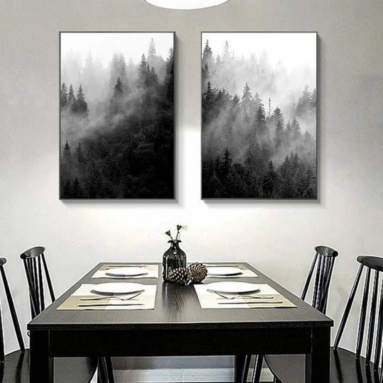 Misty Forest Black White Landscape Wall Art Canvas Print