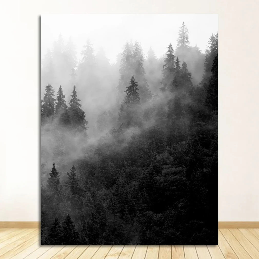 Misty Forest Black White Landscape Wall Art Canvas Print