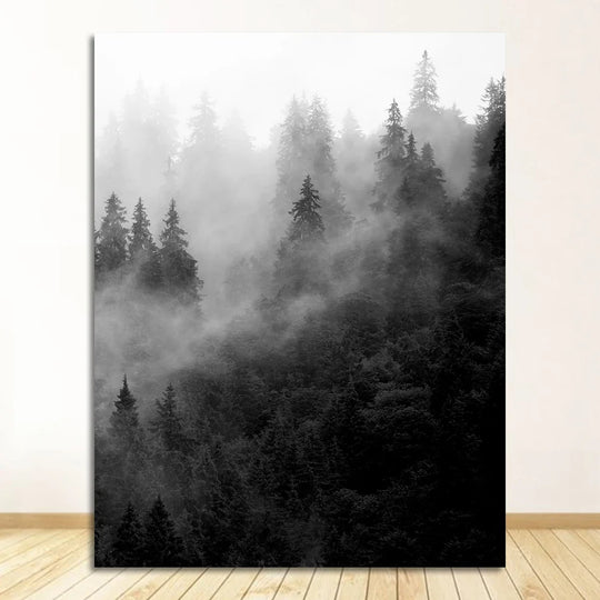 Misty Forest Black White Landscape Wall Art Canvas Print