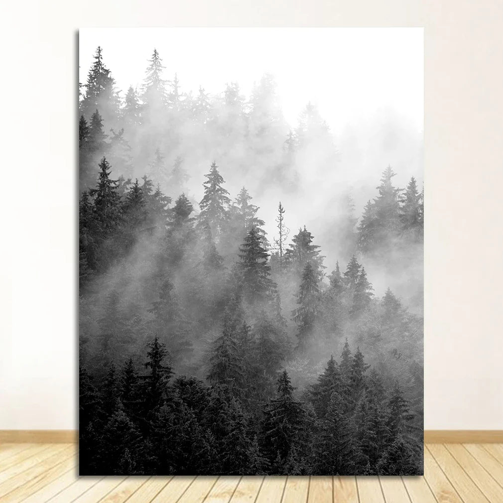 Misty Forest Black White Landscape Wall Art Canvas Print