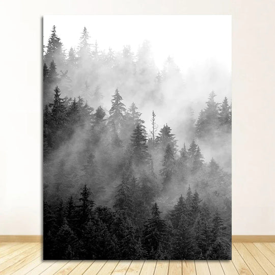 Misty Forest Black White Landscape Wall Art Canvas Print
