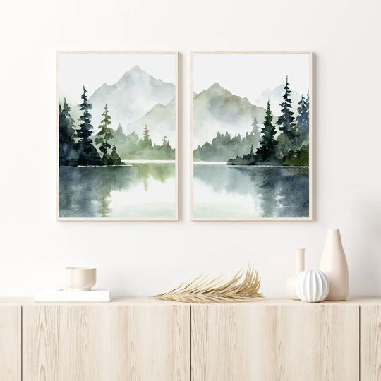 Misty Mountain Lake Forest Abstract Canvas Wall Art Unframed