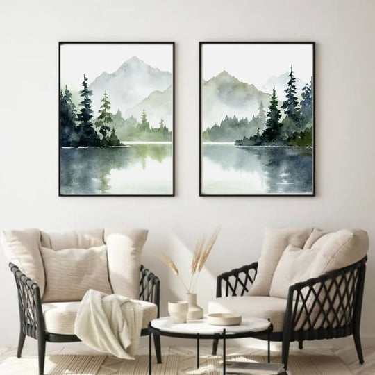 Misty Mountain Lake Forest Abstract Canvas Wall Art Unframed
