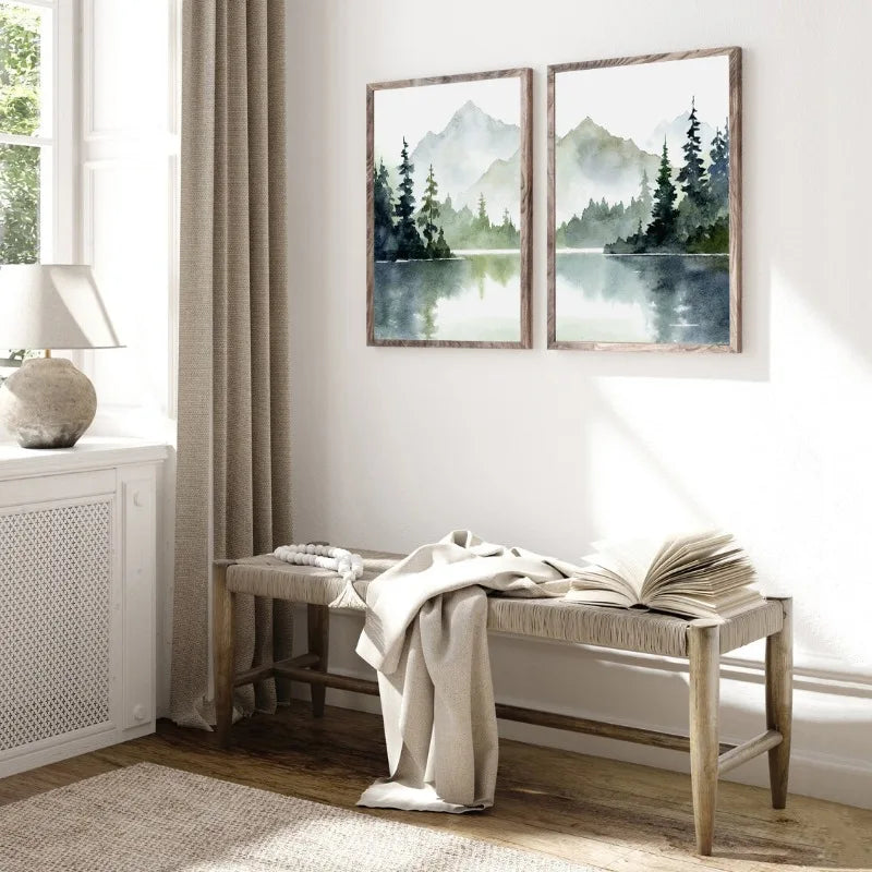 Misty Mountain Lake Forest Abstract Canvas Wall Art Unframed