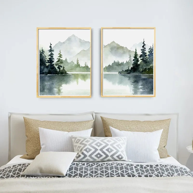 Misty Mountain Lake Forest Abstract Canvas Wall Art Unframed