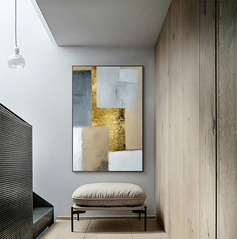 Abstract White Gray Blue Golden Color Block Canvas Wall Art Unframed