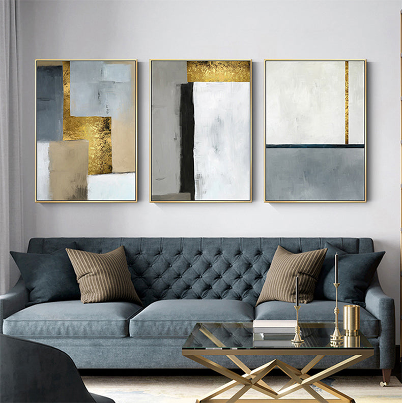 Abstract White Gray Blue Golden Color Block Canvas Wall Art Unframed