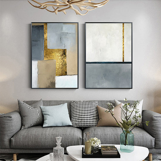 Abstract White Gray Blue Golden Color Block Canvas Wall Art Unframed