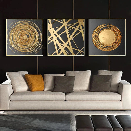 Black Golden Abstract Geometric Square Canvas Wall Art