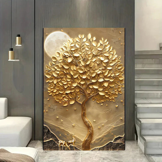 Abstract Golden Deer Tree of Life Canvas Wall Art