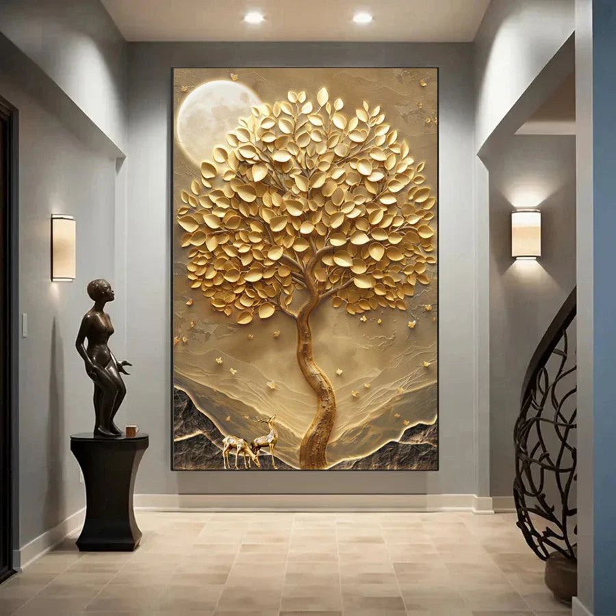 Abstract Golden Deer Tree of Life Canvas Wall Art