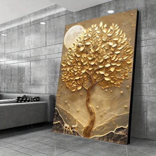 Abstract Golden Deer Tree of Life Canvas Wall Art