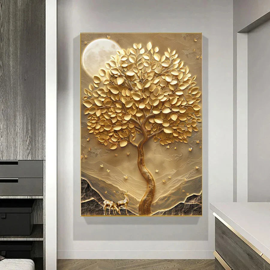 Abstract Golden Deer Tree of Life Canvas Wall Art