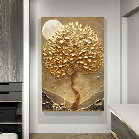 Abstract Golden Deer Tree of Life Canvas Wall Art