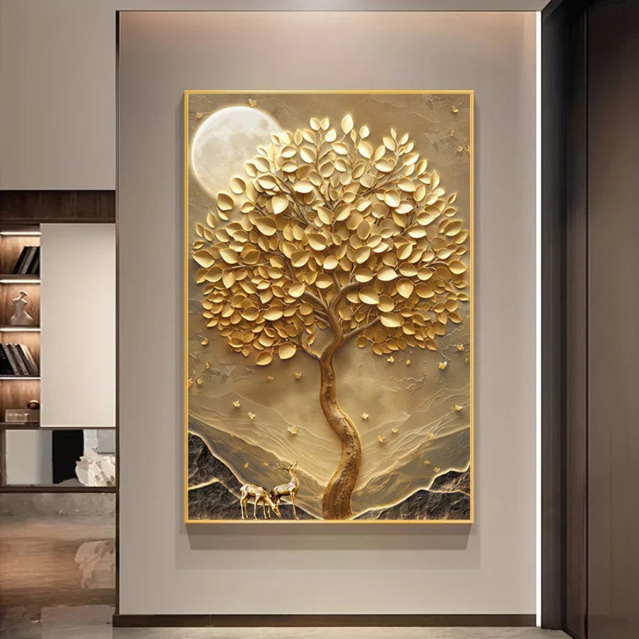 Abstract Golden Deer Tree of Life Canvas Wall Art