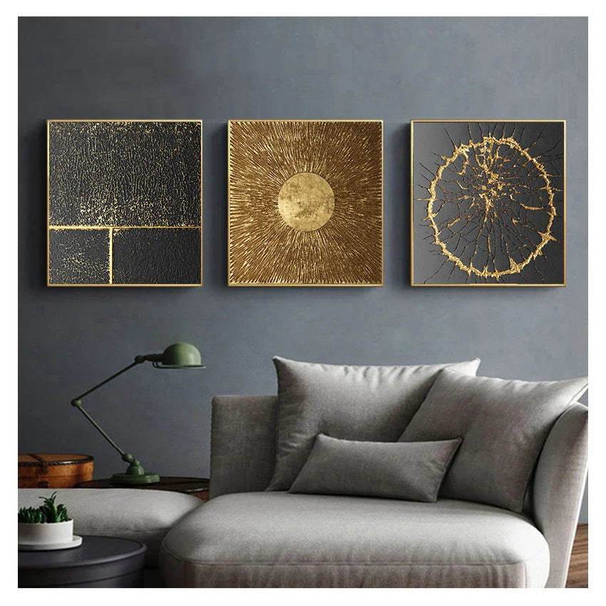 Black Golden Abstract Geometric Square Canvas Wall Art