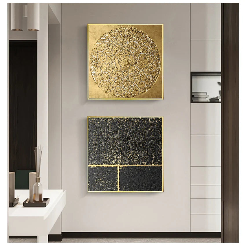 Black Golden Abstract Geometric Square Canvas Wall Art