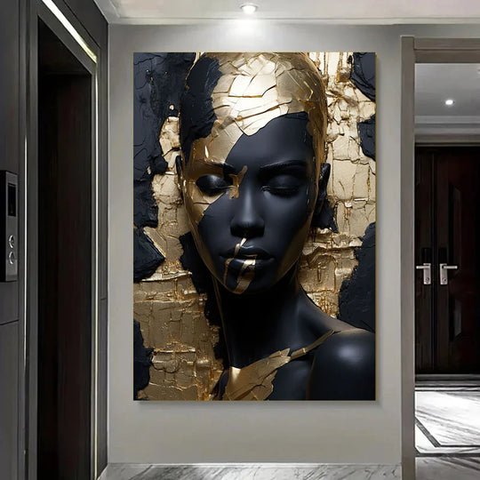 Abstract Black Golden Woman Portrait Canvas Wall Art