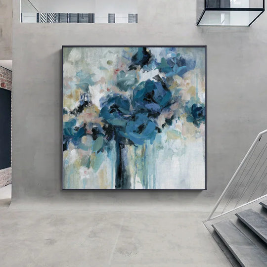 Modern Abstract Blue Floral Canvas Wall Art Square Format Unframed