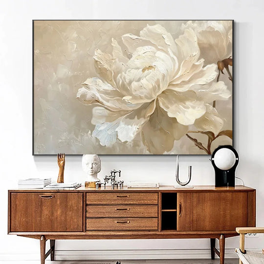 Beige White Abstract Floral Canvas Wall Art Print