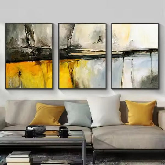 Modern Abstract Yellow Grey Geomorphic Canvas Wall Art