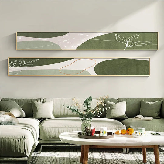 Slim Wide Format Green Beige Abstract Canvas Wall Art
