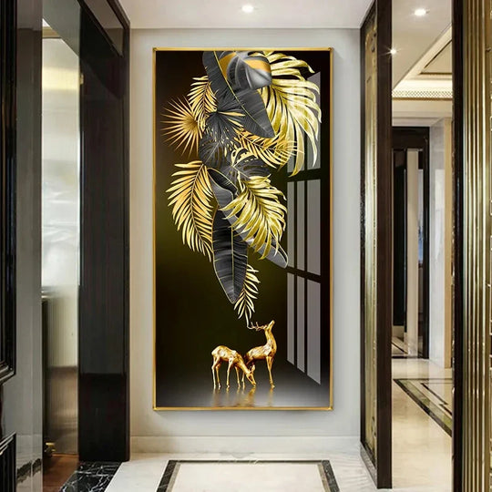 Abstract Tropical Golden Leaves Vertical Canvas Wall Art