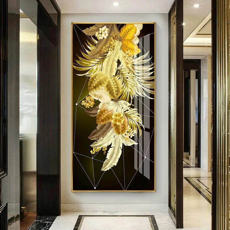 Abstract Tropical Golden Leaves Vertical Canvas Wall Art