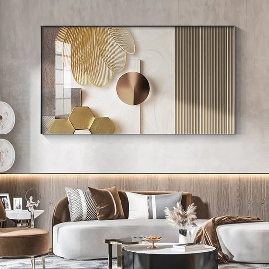 Abstract Beige Golden Geometric Canvas Wall Art