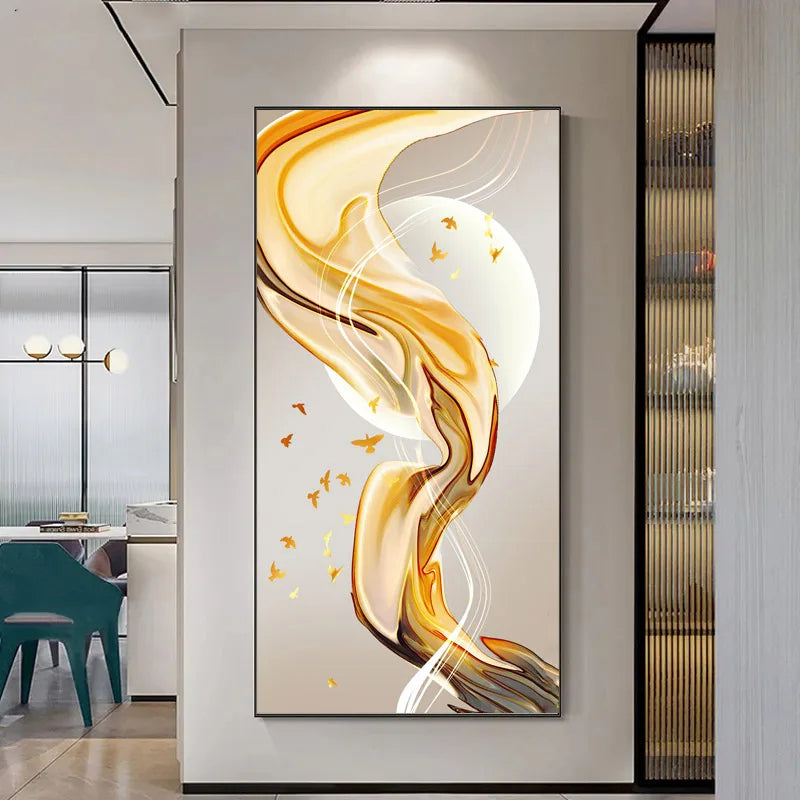 Abstract Golden Flowing Ribbon Canvas Wall Art