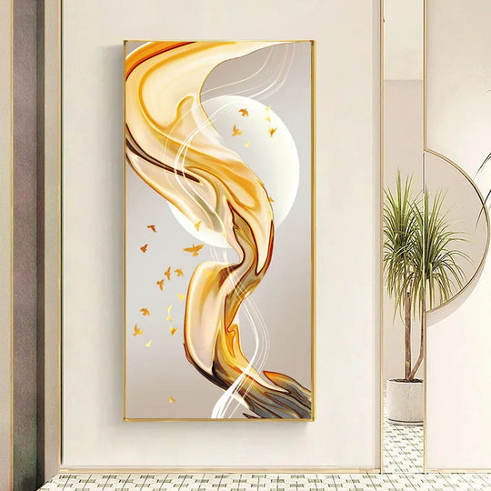 Abstract Golden Flowing Ribbon Canvas Wall Art