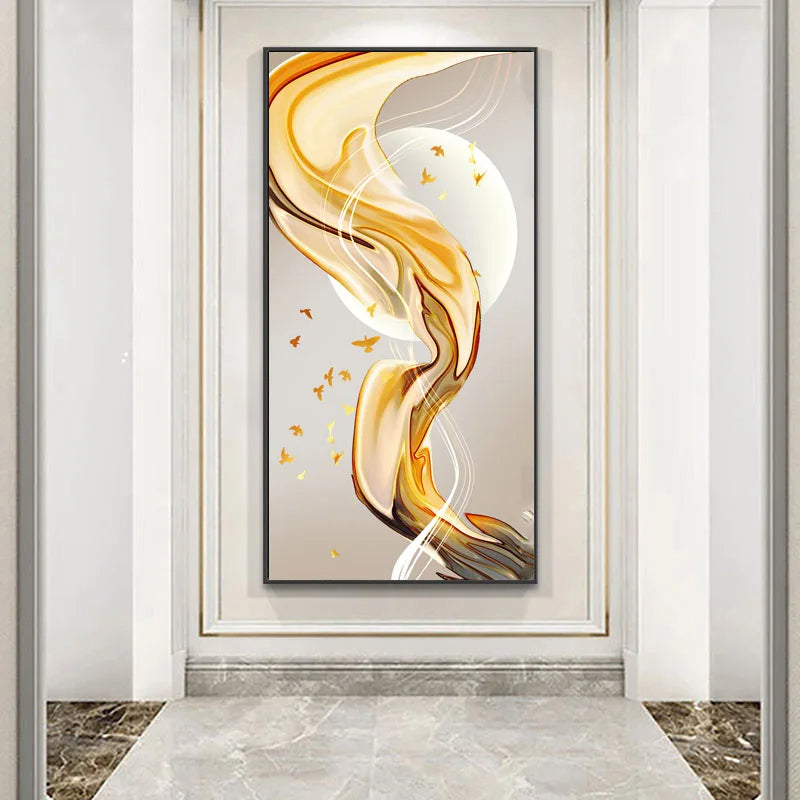 Abstract Golden Flowing Ribbon Canvas Wall Art