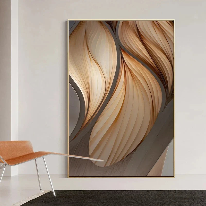 Golden Brown Flowing Ripples Abstract Canvas Wall Art