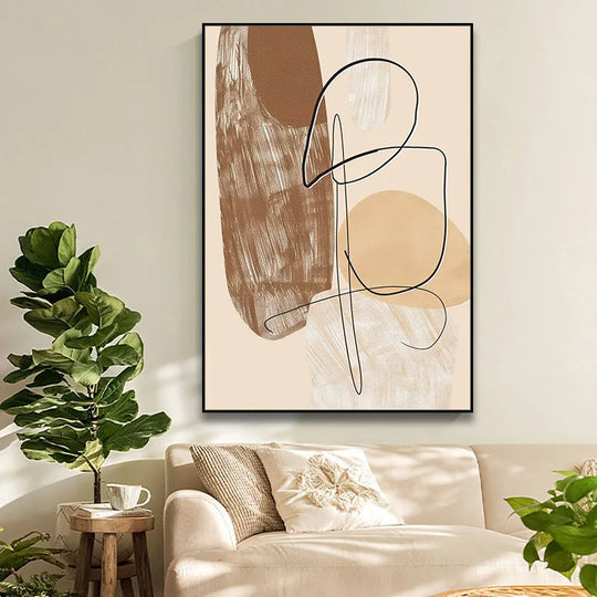 Modern Beige Brown Line Art Abstract Canvas Wall Art Unframed