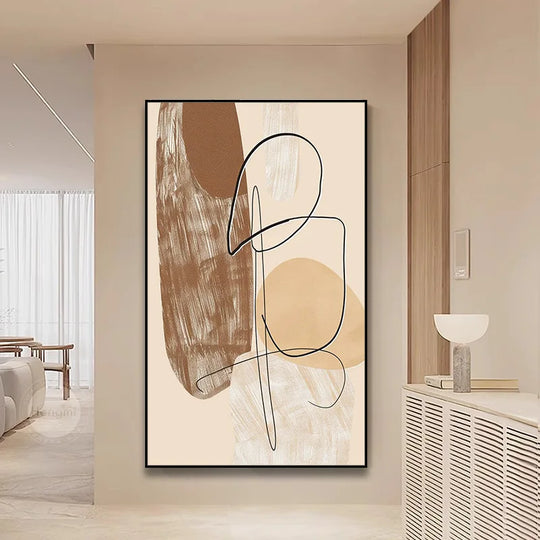 Modern Beige Brown Line Art Abstract Canvas Wall Art Unframed