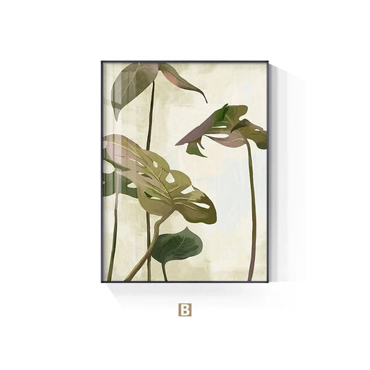 Modern Botanical Green Leaves Canvas Wall Art Unframed