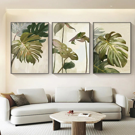 Modern Botanical Green Leaves Canvas Wall Art Unframed