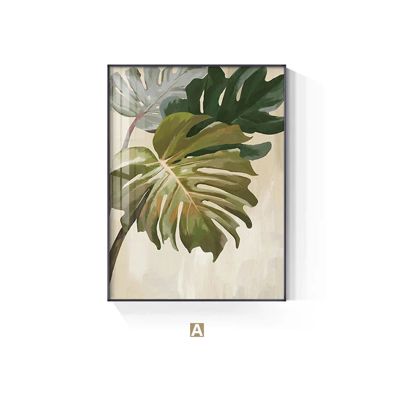 Modern Botanical Green Leaves Canvas Wall Art Unframed