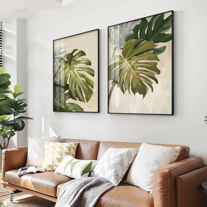 Modern Botanical Green Leaves Canvas Wall Art Unframed