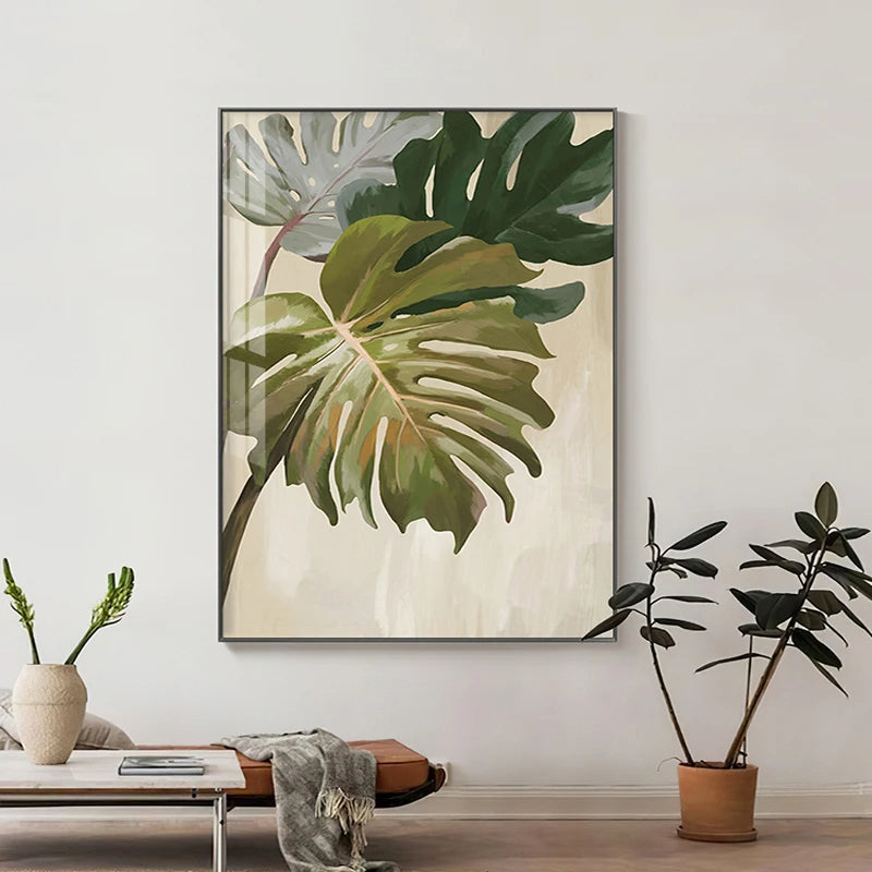 Modern Botanical Green Leaves Canvas Wall Art Unframed