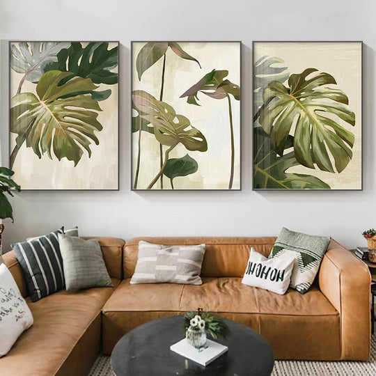 Modern Botanical Green Leaves Canvas Wall Art Unframed